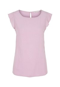 Blouse à manches courtes rose clair avec encolure arrondie, tissu texturé, petit détail volanté et ouverture en forme de goutte d'eau à l'arrière.