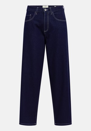Dark blue denim jeans with a straight leg design, featuring white stitching, a front button closure, and five pockets.