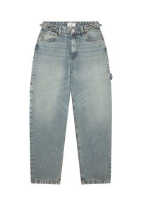 Jasnoniebieskie dżinsy z wysokim stanem, z paskami, przednimi kieszeniami, zapięciem na guzik oraz prostym krojem nogawek.