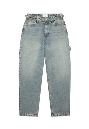 Jasnoniebieskie dżinsy z wysokim stanem, z paskami, przednimi kieszeniami, zapięciem na guzik oraz prostym krojem nogawek.