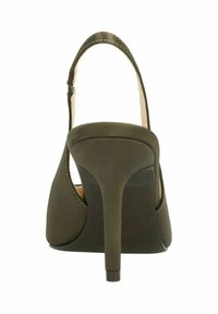 Olijfgroene hoge hak sandaal met een elegant ontwerp, stoffen bovenkant, open achterkant en slanke stiletto hak. Glad textuur met minimale accenten.