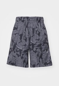 Shorts de sport à motifs avec une ceinture élastique. Couleur de base bleu marine avec un motif de grille abstraite blanche. Tissu léger et respirant.