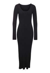 Zwarte ribgebreide lange mouw jurk met een ronde halslijn en aansluitende pasvorm, die tot op de enkels reikt met een rechte zoom.
