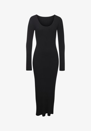 Schwarzes, geripptes Strickkleid mit langen Ärmeln, weitem Ausschnitt und figurbetonter Silhouette, das bis zu den Knöcheln reicht und einen geraden Saum hat.