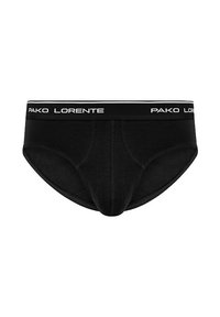Czarne bawełniane slipki z białą elastyczną talią z napisem "PAKO LORENTE". Gładka tekstura i klasyczny krój slipów.
