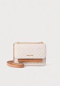 Crossbody bag in white patterned canvas featuring a brown leather accent, gold chain strap, and embossed logo on the front.