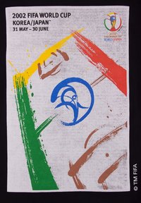 Poster van de FIFA Wereldbeker 2002 met abstracte penseelstreken in groen, geel, rood, bruin en blauw op een grijze achtergrond, met evenementdetails.