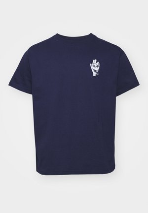 Navy blue cotton t-shirt with short sleeves and a crew neck. Features a white graphic of a hand on the front left chest area.