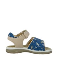Sandalo con cinturino alla caviglia beige, caratterizzato da una tomaia in denim blu con ricami floreali, design open toe e suola in gomma con battistrada testurizzato.