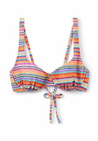 Gestreifter Bikini-Oberteil mit mehrfarbigen horizontalen Streifen in Pink, Orange, Blau und Gelb. Verfügt über verstellbare Träger und ein Schleifendetail.