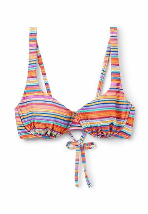 Randig bikiniöverdel med flerfärgade horisontella ränder i rosa, orange, blått och gult. Har justerbara axelband och en rosettdetalj.