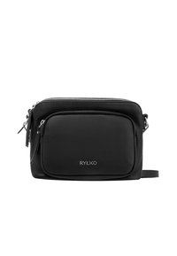 Czarna skórzana torebka na ramię z teksturowanym wykończeniem, z przednią kieszenią zapinaną na zamek oraz logotypem. W zestawie regulowany pasek na ramię.