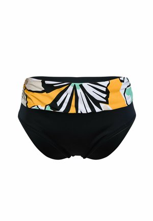 Czarny kostium kąpielowy z wysokim stanem, z kolorowym kwiatowym wzorem na talii, z akcentami żółtego, zielonego i białego. Gładka tekstura.