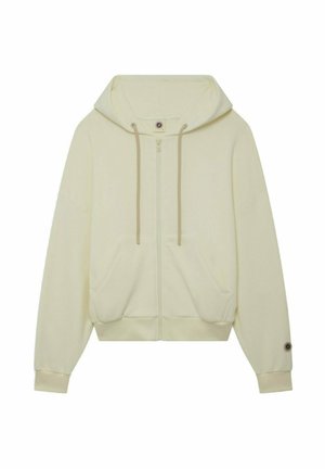 Sudadera con capucha cremosa con cremallera, bolsillos delanteros, capucha con cordón, puños acanalados y un pequeño parche circular en el puño de la manga izquierda.