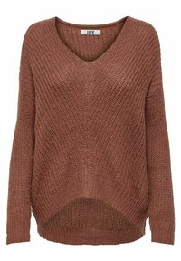 Pull en v bleu, surdimensionné, avec un design de tricot texturé. Il possède des manches longues et un ourlet arrière légèrement plus long. Marque : JDY.