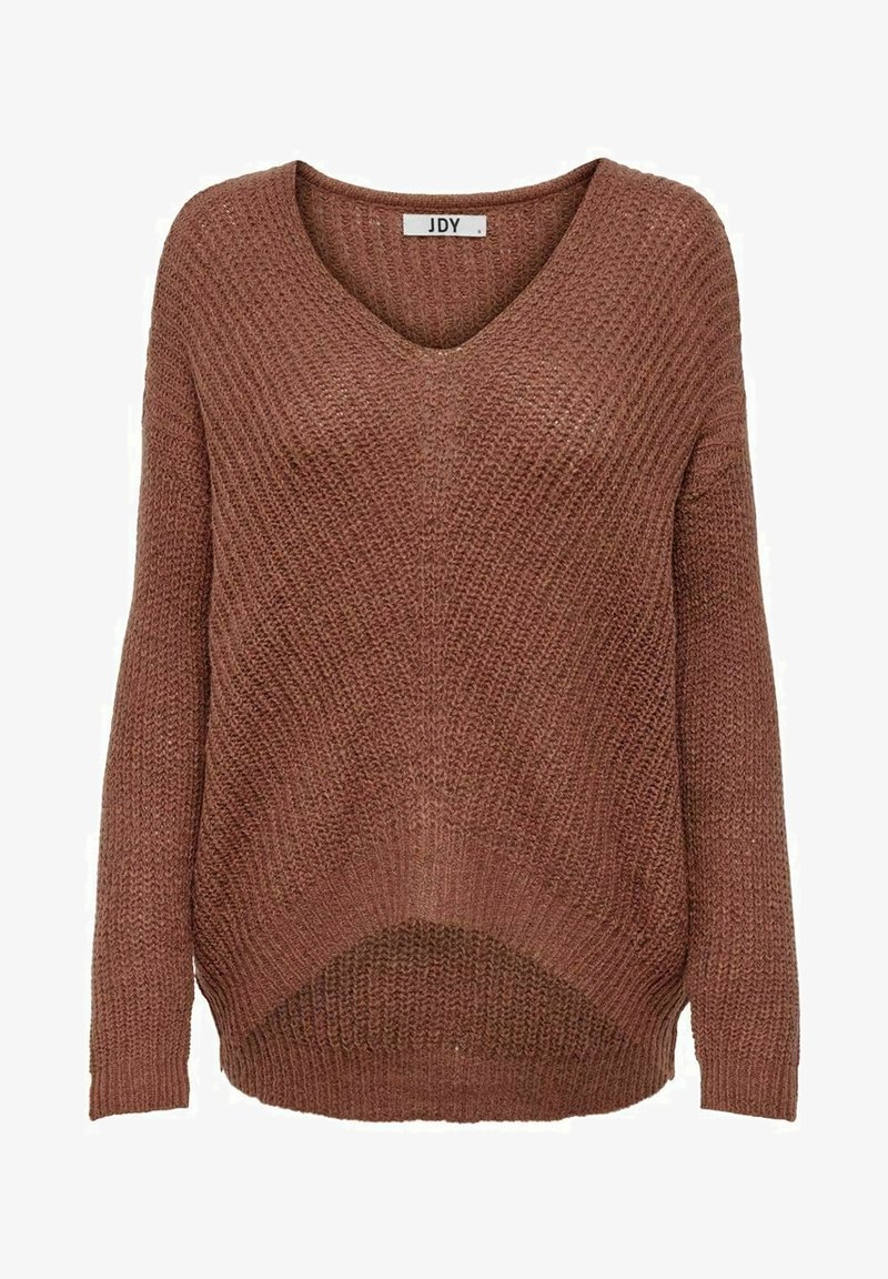 Pull en v bleu, surdimensionné, avec un design de tricot texturé. Il possède des manches longues et un ourlet arrière légèrement plus long. Marque : JDY.