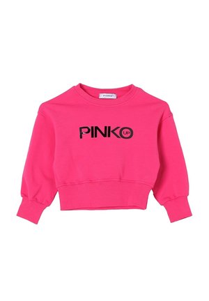 Felpa cropped rosa brillante con maniche lunghe a sbuffo e logo nero "PINKO UP" stampato sul davanti.