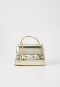 Metallic gold handbag with a structured design, topped with a decorative floral crystal accent and a gold chain strap.