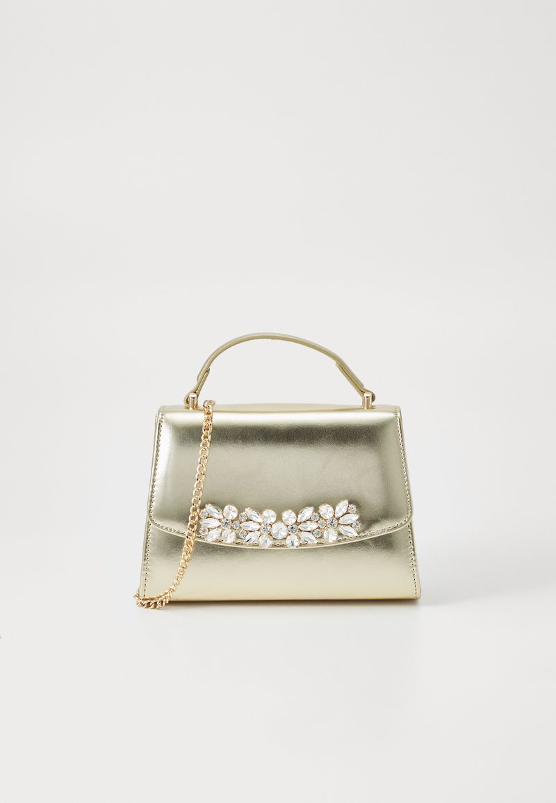 Metallic gold handbag with a structured design, topped with a decorative floral crystal accent and a gold chain strap.