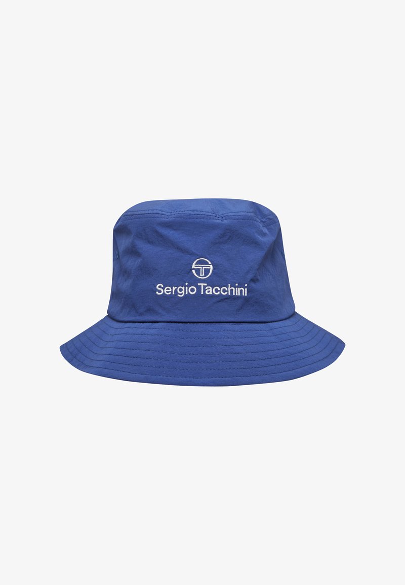 Chapeau seau bleu à large bord avec logo et texte Sergio Tacchini brodés en blanc centrés à l'avant.