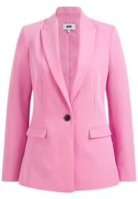 Roze blazer met een soepele textuur, sluiting met één zwarte knop, gelapte revers en twee voorzakken. Tailored fit en lange mouwen.