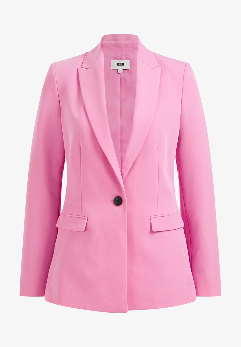 Roze blazer met een soepele textuur, sluiting met één zwarte knop, gelapte revers en twee voorzakken. Tailored fit en lange mouwen.