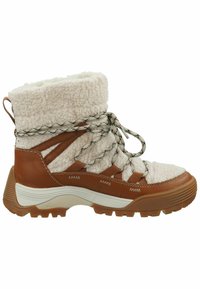 Bota de senderismo marrón y crema con cuello de forro polar, diseño de encaje texturizado, suela de goma y cordones con patrón para un ajuste seguro.