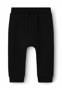 Schwarze Jogginghose aus weichem Stoff, mit einem elastischen Bund und verstellbaren Kordeln sowie gerippten Bündchen, zwei Seitentaschen.