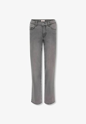 Blugi din denim gri cu croială dreaptă, nasture și fermoar frontal, bucle pentru curea și design cu cinci buzunare.