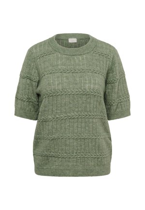 Pull vert tricoté à manches courtes, avec un motif texturé de rayures verticales et des détails en chevrons.
