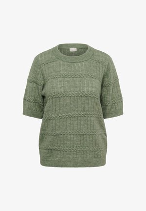 Grön stickad tröja med korta ärmar, med ett texturerat mönster av vertikala ränder och sicksackdetaljer.