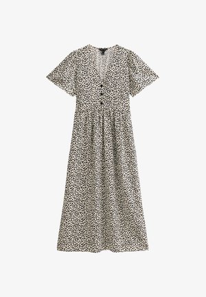 Abito midi fluente in tessuto crema con motivi a pois neri, maniche corte, scollo a V profondo e cinque bottoni neri sul davanti.