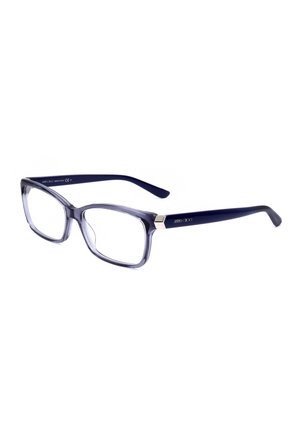 Occhiali rettangolari con montatura frontale grigia traslucida e aste blu scuro, con dettaglio esagonale argento vicino alle cerniere.