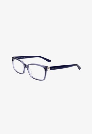 Occhiali rettangolari con montatura frontale grigia traslucida e aste blu scuro, con dettaglio esagonale argento vicino alle cerniere.