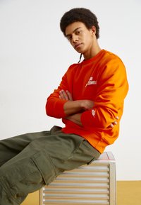 Spilgtas oranžs džemperis ar logotipu uz krūšu daļas, ribotām piedurknēm, saskaņots ar olīvzaļām kravu biksēm. Atpūšas uz sudraba metāla krēsla.