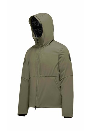 Olijfgroene jas met een aangesloten capuchon, ritssluiting aan de voorkant en gewatteerd ontwerp. Bevat een gestructureerde stof en een zwarte binnenvoering.