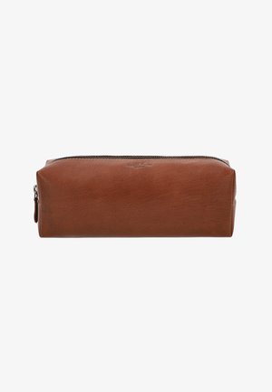 Brown leather pencil case with a zip closure. Features a smooth texture, rectangular shape, and embossed logo detail on one side.