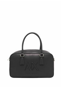 Borsa a tracolla nera rettangolare con due manici, zip argentata e logo "AX Armani Exchange" in rilievo sul davanti.