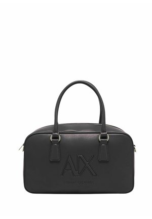 Bolso de mano rectangular negro con dos asas, cremallera plateada y logo en relieve "AX Armani Exchange" en la parte frontal.
