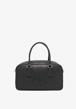 Borsa a tracolla nera rettangolare con due manici, zip argentata e logo "AX Armani Exchange" in rilievo sul davanti.