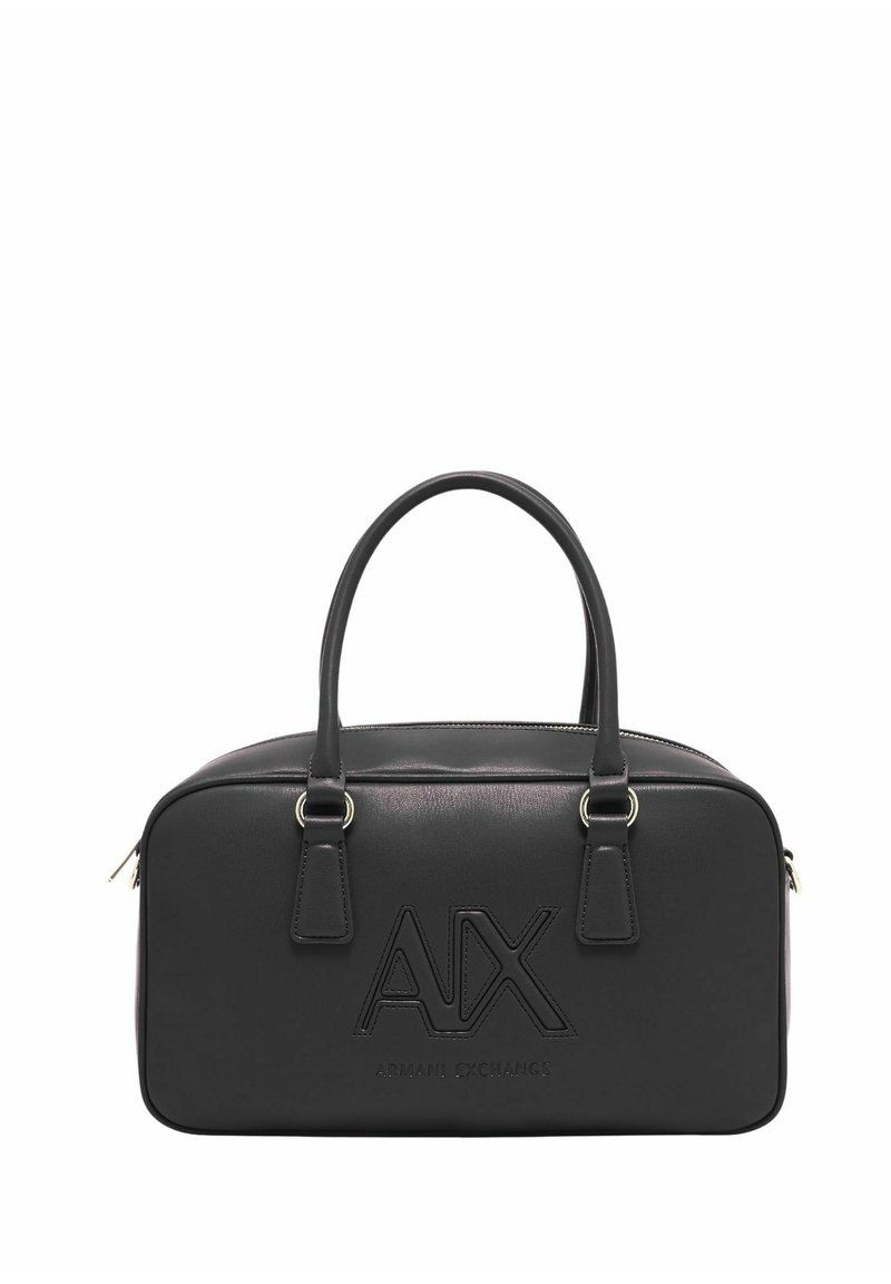 Borsa a tracolla nera rettangolare con due manici, zip argentata e logo "AX Armani Exchange" in rilievo sul davanti.