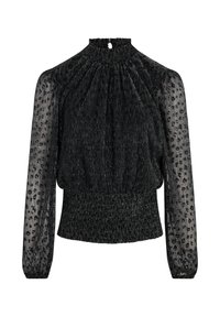 Zwarte top met een hoge hals, textuurstof, doorzichtige lange mouwen, geschulpte taille en subtiele glans. Kenmerken zijn een kleine opening met sleutelgat aan de achterkant.