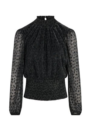 Schwarzes Oberteil mit hohem Kragen, strukturiertem Stoff, transparenten langen Ärmeln, gesmoktem Bund und subtiler Satinoptik. Details umfassen eine kleine Öffnung mit Schlüsselverschluss im Rücken.