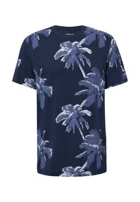 Marineblauw katoenen t-shirt met een wit palmbomenpatroon, korte mouwen, ronde hals en een ontspannen pasvorm. Textuurstof met een gladde afwerking.