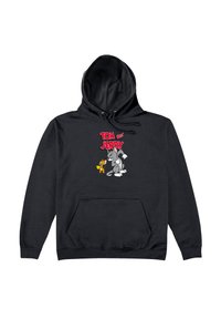 Felpa nera con cappuccio, caratterizzata da una tasca frontale e coulisse, decorata con una grafica colorata di personaggi dei cartoni animati e la scritta "TOM e JERRY."