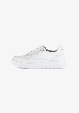 Weiße Leder-Sneaker mit strukturierten Seitenpanelen, runder Zehenform, Schnürdesign und dicker gerippter Sohle. Mit einem Reißverschlussakzent an der Seite.