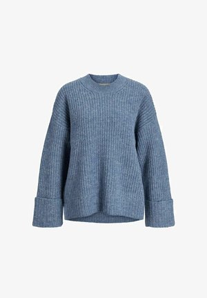 Blauwe gebreide trui met een relaxed fit, voorzien van een geribbelde textuur, brede mouwen en een ronde halslijn. Zacht materiaal in een middenblauwe tint.