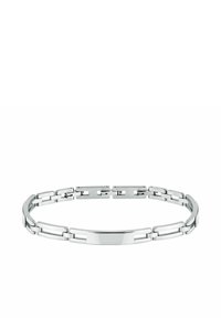 Bracciale in metallo argento con collegamenti intrecciati, una parte centrale rettangolare liscia e una finitura lucida per un aspetto elegante.