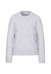 Flauschiger, strukturierter hellgrauer Pullover mit rundem Ausschnitt und langen Ärmeln, ausgestattet mit einem gerippten Saum und Bündchen. Weiches, gemütliches Material.