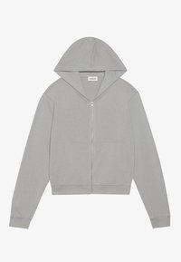 Grå hettegenser med glidelås laget av myk bomull, med hette, frontlommer og ribbede mansjetter. Enkel design, ingen synlige mønstre eller detaljer.